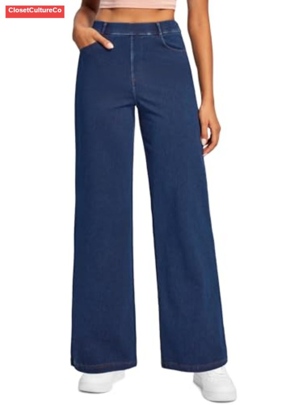 Wide Leg Stretchy Pull On High Rise Jeans Relaxed Fit Casual